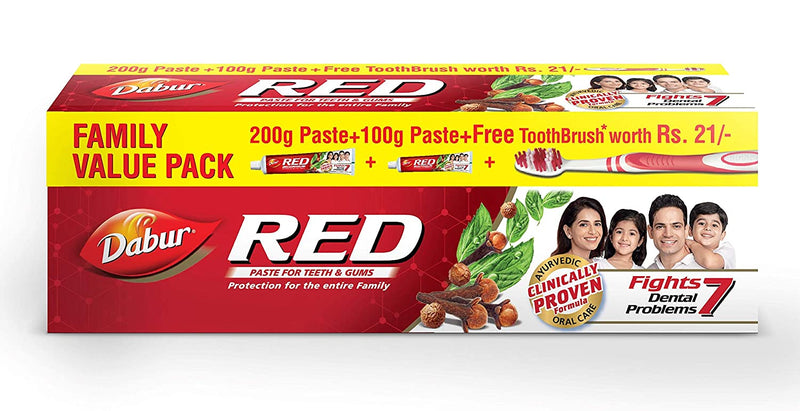 Dabur Red Toothpaste (Family Value Pack) + Free Red Toothpaste + Free Toothbrush Worth Rs.21/- - UNORMART