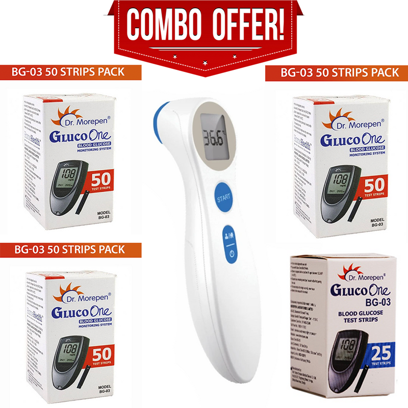 Dr. Morepen NCT-01 Non-Contact Thermometer with 2 years Warranty + Dr. Morepen GlucoOne Blood Glucose Test Strips (3 x 50 Strips + 1 x 25 Strips) COMBO OFFER - UNORMART