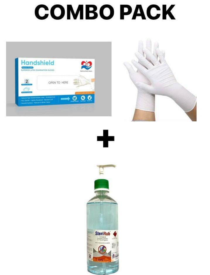 SLC Handshield Latex Examination Gloves + Sterirub Hand Sanitizer Bottle 500ml COMBO PACK - UNORMART