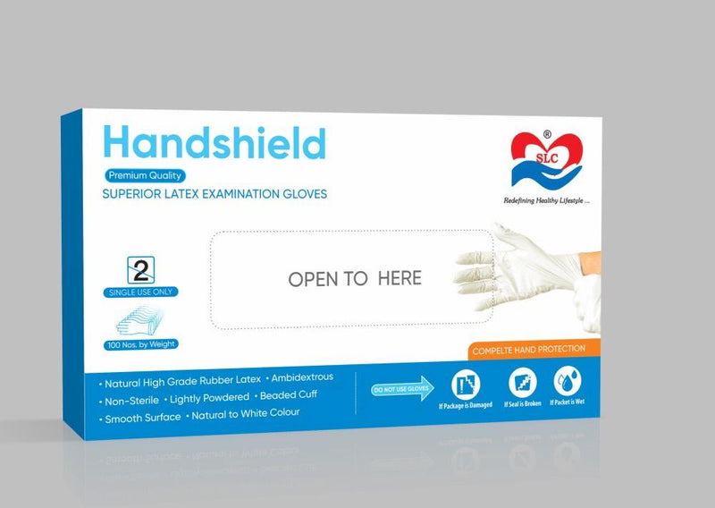 SLC Handshield Premium Quality Latex Examination Gloves,Made in Malaysia(Medium Size) 100 Nos. - UNORMART